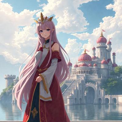 The primary subject of the image is a woman dressed in a white and red gown, standing on a bridge. She is wearing a crown and appears to be the main focus of the scene. The setting is a beautiful castle with a large body of water in the background. The visual style of the image is digital art, giving it a vibrant and detailed appearance. The colors and mood of the image are predominantly white and red, creating a sense of elegance and grandeur.
